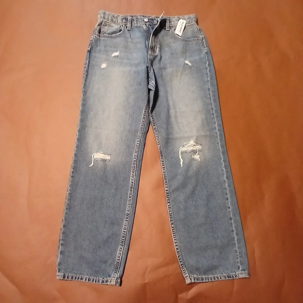 Old Navy Girls 18 Medium Wash Denim High-Waist Slouchy Straight Ripped Jeans NWT